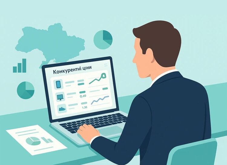 Український e-commerce менеджер аналізує конкурентні ціни онлайн — спеціаліст працює за ноутбуком із цифровою панеллю, що показує товари, графіки та динаміку цін.