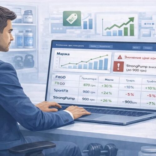 Бизнес-иллюстрация: владелец магазина спортивного питания анализирует цены конкурентов на ноутбуке, отслеживая маржу и уведомления о снижении цен.
