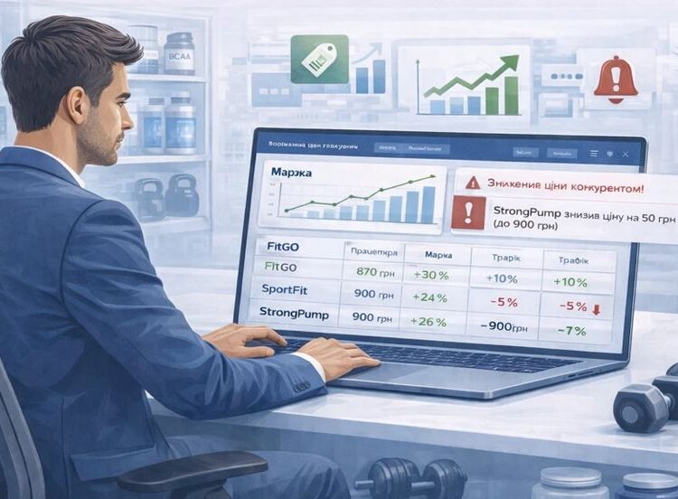 Бизнес-иллюстрация: владелец магазина спортивного питания анализирует цены конкурентов на ноутбуке, отслеживая маржу и уведомления о снижении цен.
