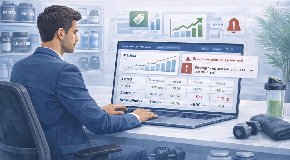 Бизнес-иллюстрация: владелец магазина спортивного питания анализирует цены конкурентов на ноутбуке, отслеживая маржу и уведомления о снижении цен.