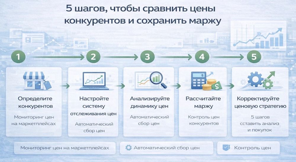 Инфографика мониторинга цен и контроля маржи — визуальная инструкция из 5 шагов по анализу цен конкурентов, автоматическому отслеживанию и оптимизации ценовой стратегии бизнеса.